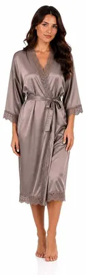 Produktbild von Damen Satin Morgenmantel lang mit Spitze – Kimono Bademantel aus 100 % Polyester, weich & glänzend Taupe L