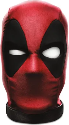 A close-up front view of a Deadpool mask.