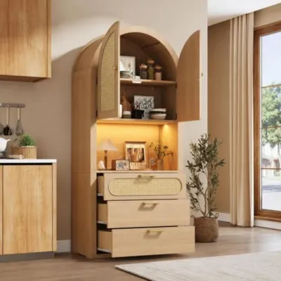 Produktbild von Moderner Vitrinen- und Aufbewahrungsschrank,verstellbare LED,1 Displayfach + 2 Ablagefächer + 3 Schubladen, für Wohnzimmer 80 x 35 x 180 cm