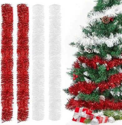 Productafbeelding van 4 stuks kerstslinger, 2 m kerstboomslinger, kerstkrans voor kerstboom, decoratie voor thuis, binnen en buiten (rood wit)