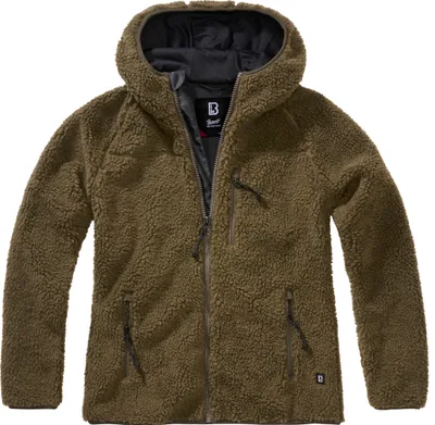 A studio shot of a hooded fleece jacket.