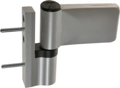 A silver hinge with a black cap is shown against a white background.
