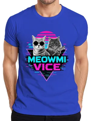 Immagine prodotto di Maglietta da uomo, blu, taglia S, con scritta "Meowmi Vice Katzen Miami", stile anni '80, con un messaggio sarcastico e raffigurante un gatto poliziotto