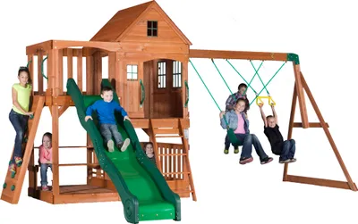Produktbild von Backyard Discovery Spielturm Holz Hillcrest | XXL Spielhaus für Kinder mit Rutsche, Sandkasten, Schaukel, Kletterwand und Picknicktisch | Stelzenhaus für den Garten