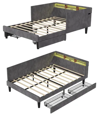 Produktbild von Gepolstertes Schlafsofa, 2-in-1-Tagesbett - 140 x 200 cm - 2 Schubladen - Stauraumfach - Samtbezug - Lattenrost - Grau