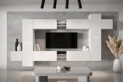 Produktbild von Furnitech Wohnwand Wohnzimmer - Wohnzimmer Möbel mit LED Weiß - Hängend Wohnwand Modern - Regale und TV Schrank (AN91NEW-21W-M4 MATT)