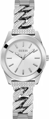 A silver Guess watch with a diamond-encrusted band and face.