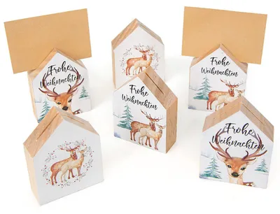 Produktbild von 6 Holz Häuser - Weihnachtsdeko Häuschen als Tischkartenhalter 8 cm