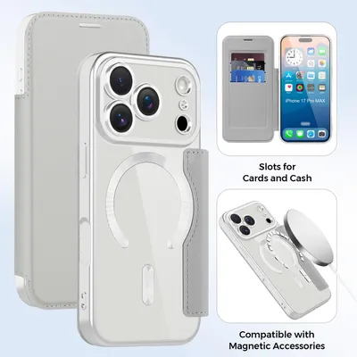 Obrázek produktu pro Pouzdro pro iPhone 17 Pro Max kompatibilní s MagSafe, průhledné pouzdro s držákem karet, kožené pouzdro s ochranou kamery Stříbro