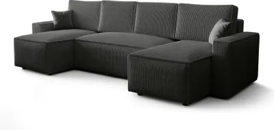 A dark gray sectional sofa with chaise lounges on both ends, shown from a slightly elevated side angle against a white background.