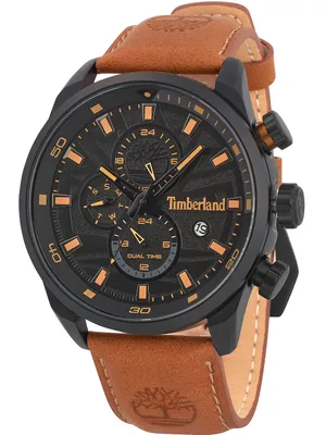 A close-up studio shot of a Timberland men's watch with a brown leather strap.