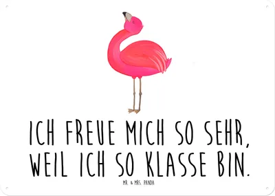 Produktbild von Mr. & Mrs. Panda Wandbild Flamingo Stolz DIN A4 - Weiß - Geschenk, Blechtafel, tafel, Schild, Selbstakzeptanz, Zufrieden, Freude, Rosa, Türschild, Magnetschild