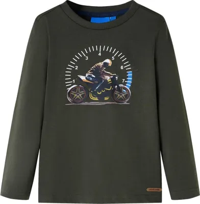 Produktbild von Langarmshirt für Kinder, Khaki, Größe 128, mit Motorrad-Aufdruck und Rundhalsausschnitt