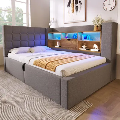 Produktbild von MODFU Polsterbett mit LED 90x200 Schlafsofa Einzelbett mit zwei U-förmige Anschlagleisten und Stauraumregal,Gästebett ohne Matratze,Daybett mit L-Kopfteil,Grau