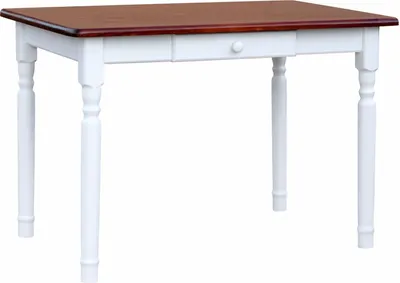 A white table with a brown top and a single drawer is shown against a white background.