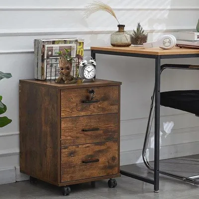 Image de Armoire mobile pour documents, avec serrure et roulettes - Armoire d'archivage en bois pour bureau à domicile - 3 tiroirs