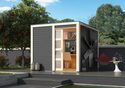 Produktbild von Karibu Gartenhaus Gerätehaus Qubic 1 terragrau 246x246x214 cm