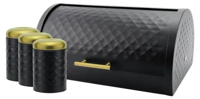 Zdjęcie produktu dla Haus Roland HOME ELEMENTS-HR Stojak na chleb metalowy + 3 pojemniki na żywność, metal z lakierowaną powłoką, kolor czarny