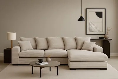 Zdjęcie produktu dla Sofa w kształcie L GABON narożnik funkcja spania tkanina Zoom perłowy prawy