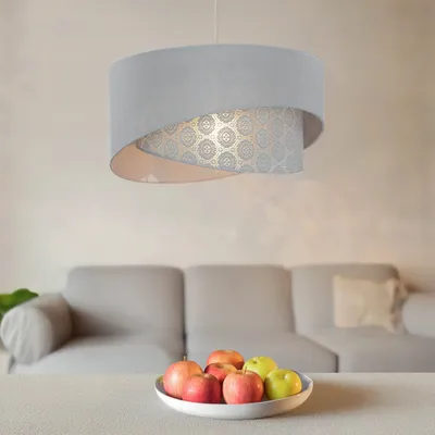 Produktbild von Graue Hängeleuchte Schirm aus Stoff und Spitze in Grau rund Ø45cm Schlafzimmer Hängelampe Wohnzimmer