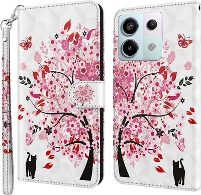 A phone case with a floral and cat design, shown open to reveal the phone slot and card holders.