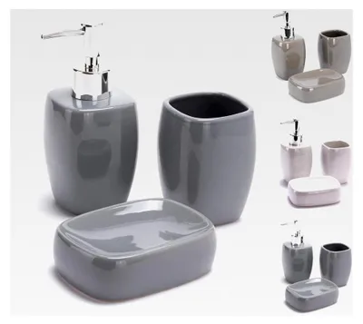 Produktbild von Badaccessoires Set aus Keramik 3-teilig - Seifenspender, Seifenschale, Zahnputzbecher Grau