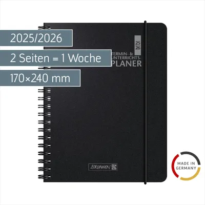 Produktbild von BRUNNEN Termin- & Unterrichtsplaner (2025/2026), 2 Seiten = 1 Woche, A5, 224 Seiten, Kunststoff-Einband Baladek, schwarz