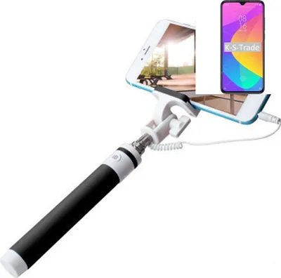 Produktbild von K-S-Trade Selfie Stick kompatibel mit Xiaomi Mi CC9 Meitu Edition Selfiestick kabelgebunden Monopod mit Kabel Stab Stange Selfportrait Handheldstick