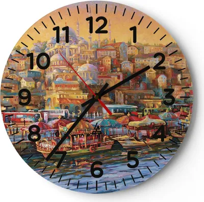 Produktbild von Wanduhr - Rund - Glasuhr - Farben Stadt Türkei - 40x40cm - Schleichendes Uhrwerk - Lautlos - zum Aufhängen bereit - Dekoration Modern - Wanddekoration aus Glas - C4AR40x40-4987