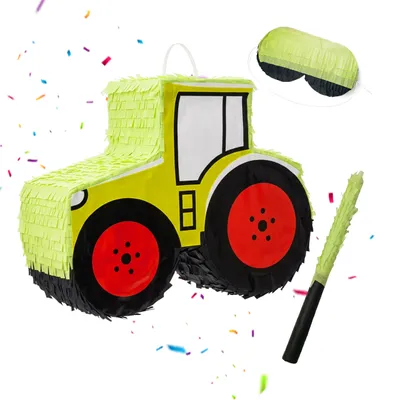 Immagine prodotto di Set piñata Relaxdays, 3 pezzi, trattore, da appendere, per bambini e bambine, bastone e maschera, piñata a forma di veicolo, verde chiaro/rosso