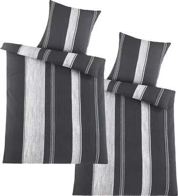 Produktbild von 4-tlg. Seersucker Bettwäsche 2x (135x200 +80x80cm), schwarz grau Streifen, bügelfrei, Microfaser