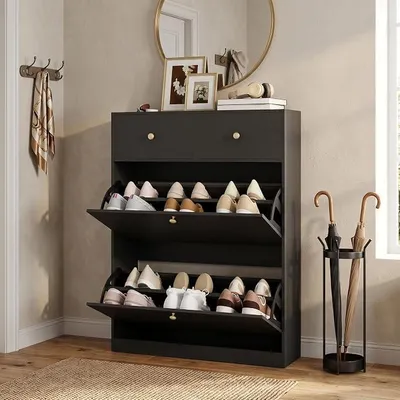 Imagen del producto de Armario para zapatos, estrecho, con 2 puertas, 2 cajones, 80x24x106 cm, color