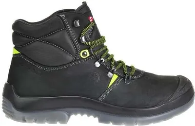 A black and green work boot is shown against a white background.