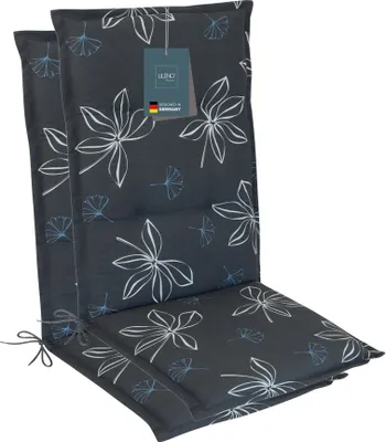 Produktbild von LILENO HOME Gartenstuhl Auflagen als [2er Set - Hochlehner] in Grafik-Blume Blau - bequeme Liegen als Sitzauflagen für Gartenmöbel - Stuhlkissen für Gartenstühle und Klappstühle