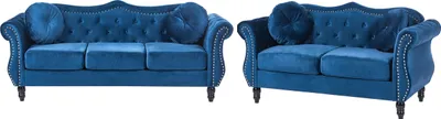 Produktbild von BELIANI 5-Sitzer Sofa Set Marineblau Samt Gepolstert Gesteppt mit Kissen Holzbeinen Knopfheftung Retro Chesterfield Stil Freistellbar Sitzgruppe
