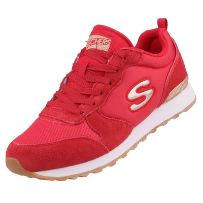A single red sneaker is shown from a diagonal angle against a white background.