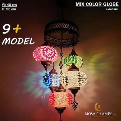 Produktbild von 5-globige türkische Hängelampe, orientalische Kronleuchter aus Mosaikglas, handgefertigt, warmes Licht