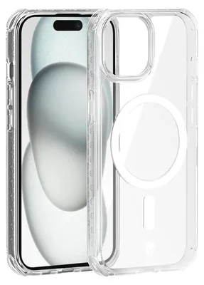 A clear protective case for an Apple iPhone 15 with MagSafe compatibility.
