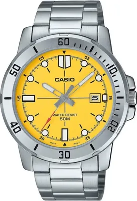 A close-up studio shot of a Casio men's watch with a yellow dial.