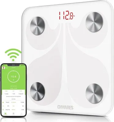 Produktbild von Unyqoos® Digitale Körperfettwaage für Zuhause – USB-wiederaufladbar, Bluetooth-Personenwaage mit Smart BMI, 13 Körperdaten, Tragkraft bis 400 LB, Weiß