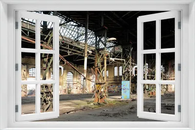 Produktbild von Wallario Poster mit Fenster-Illusion: Verlassene Industriehalle - Alte Fabrik, Größe: 61 x 91,5 cm (Maxiposter)