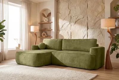 Produktbild von Ecksofa mit Schlaffunktion & Bettkasten – Skandi Schlafsofa in L-Form – 4-Sitzer Eckcouch, Freistehend – Liegefläche 220 × 140 cm – Rückenkissen & Zierkissen inkl. – Chenille Grün – Links