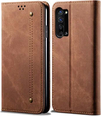 Image de OPPO Find X2 Lite Housse, LaimTop Denim Cuir Portefeuille Fermeture magnétique Flip Bookstyle Housse avec fonction stand pour OPPO Find X2 Lite OPPO Find X2 Lite Marron