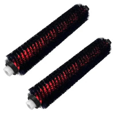 Two cleaning brush rollers with black bristles and red inner cores, shown diagonally on a white background.