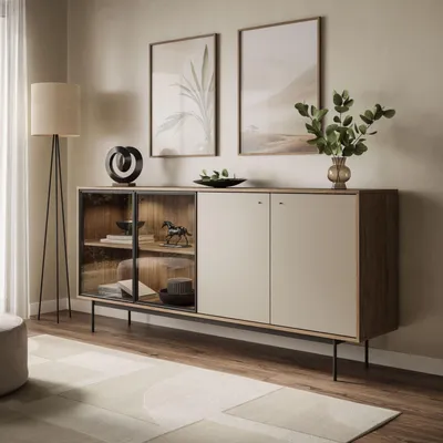A modern living room setting with a sideboard, artwork, and a floor lamp.