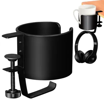 Immagine prodotto di Portabicchieri e supporto per cuffie 2-in-1, scrivania, alluminio, nero
