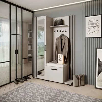 Produktbild von Garderobenschrank LIVIA – Garderoben-Set mit Spiegel und Aufhängern, Kaschmir, Lamellen in Schwarz, Sitzkissen in Hellbeige, Rechts