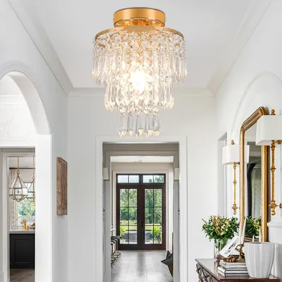 Produktbild von Goldene Edelstahl Kristall Kronleuchter Deckenlampe, E14 Lampenfassung, Ø20x28cm Chrom-Stil Deckenleuchte, für Schlafzimmer, Flur, Esszimmer