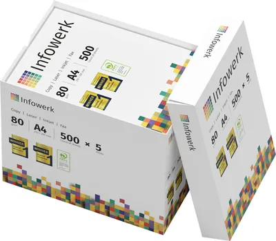 Produktbild von Infowerk Druckerpapier Kopierpapier 2500 Blatt 5 x 500 A4 80g Premium Weiß PEFC
