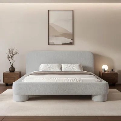 Productafbeelding van Gestoffeerd bed Frederico 180x200 cm, asgrijs, chenille – tweepersoonsbed met bedlade, lattenbodem en rond hoofdeinde